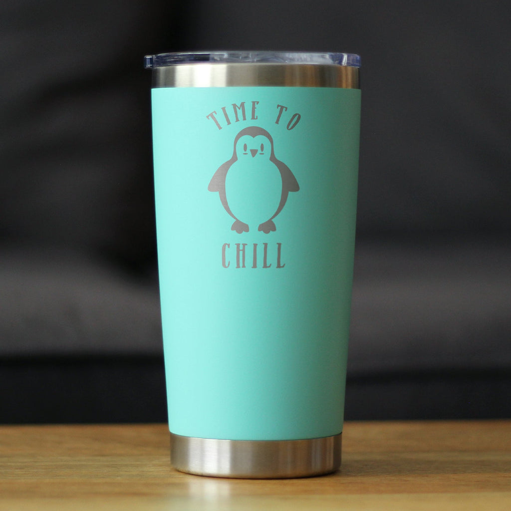 Time To Chill - Insulated Coffee Tumbler Cup with Sliding Lid - Stainless Steel Travel Mug - Cute Penguin Gifts for Women and Men