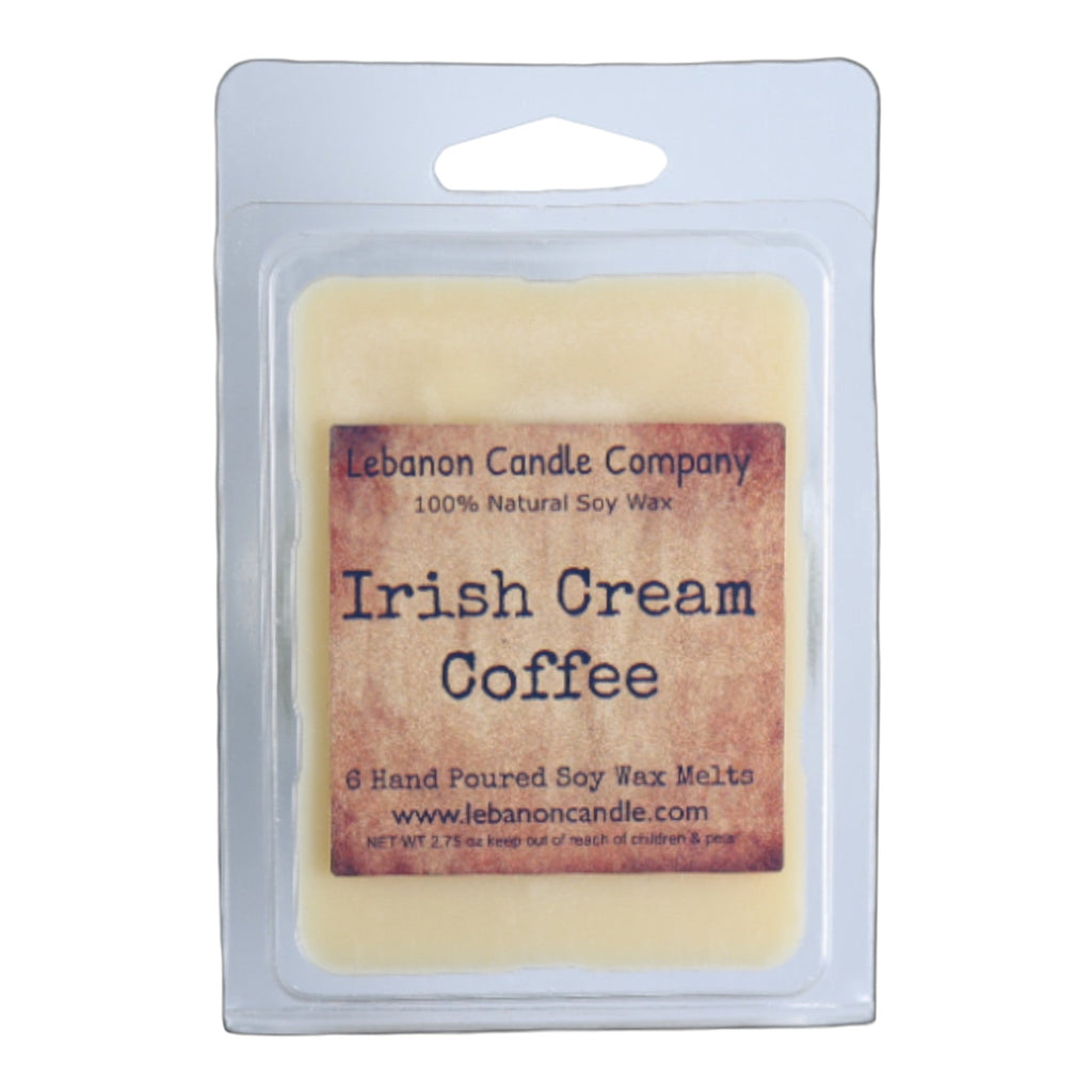 Soy wax melt clamshell with 'Irish Cream Coffee' label by Lebanon Candle Company