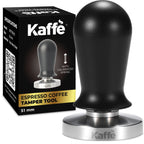 Espresso tamper with black knob handle and round stainless steel base, 51 mm