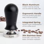 Espresso tamper with matte black handle and stainless steel base, ergonomic grip