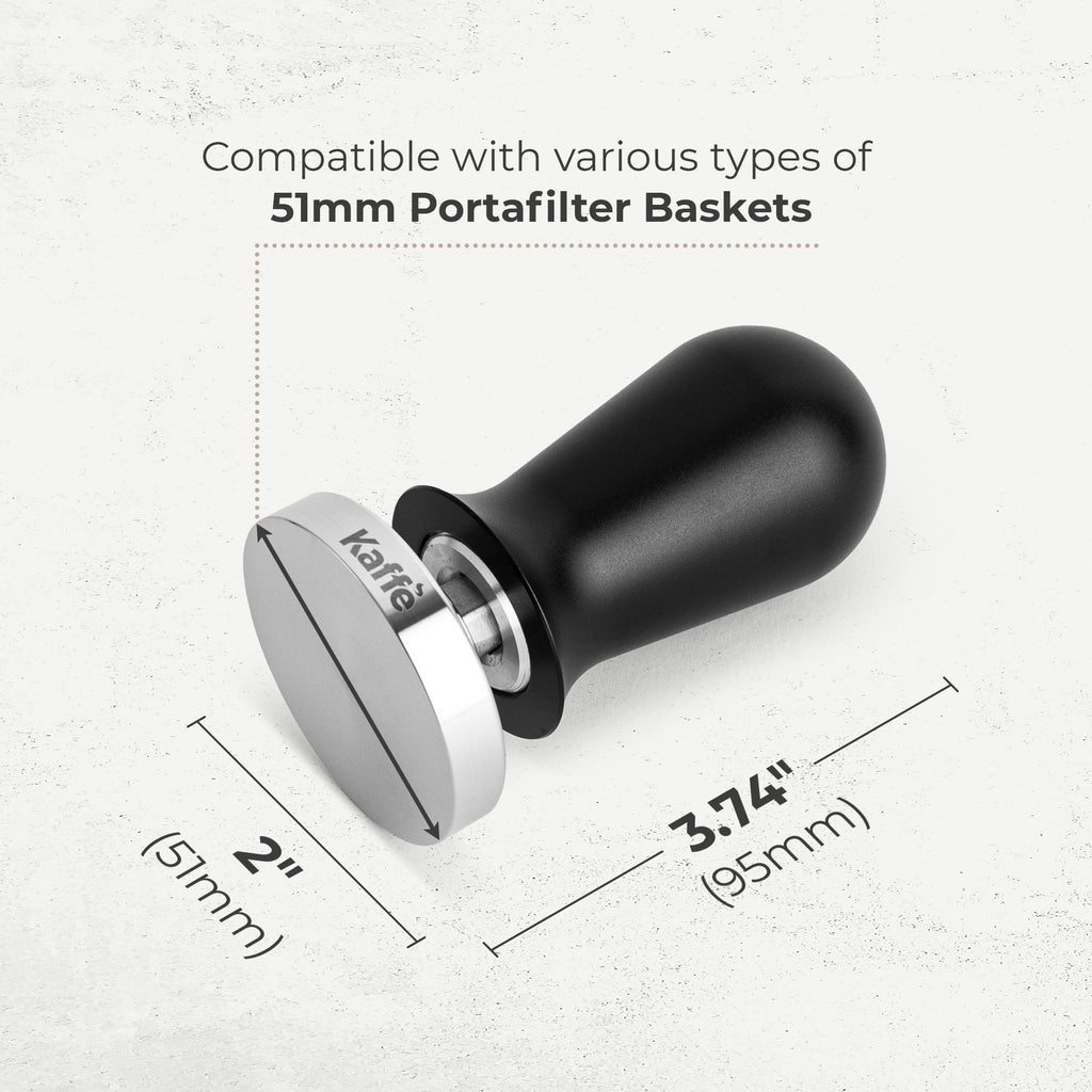 Espresso tamper tool with black cylindrical handle and flat stainless steel face, 51 mm