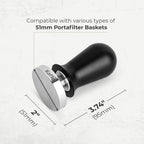 Espresso tamper tool with black cylindrical handle and flat stainless steel face, 51 mm