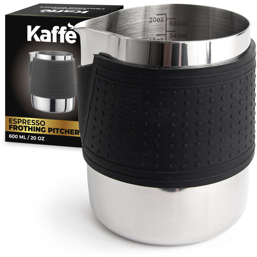 Espresso milk frothing pitcher with black silicone sleeve and stainless interior scale