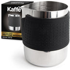 Espresso milk frothing pitcher with black silicone sleeve and stainless interior scale