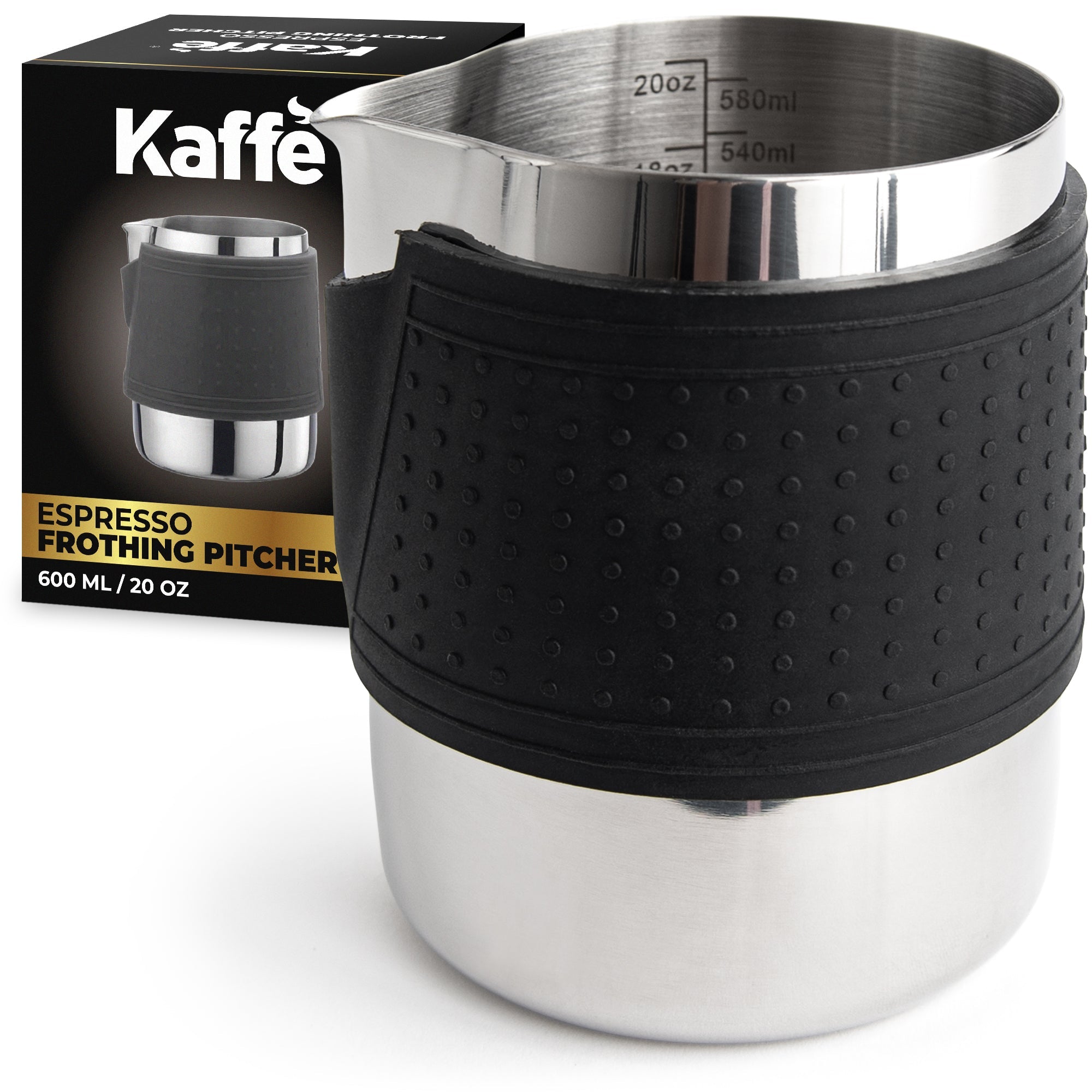 Espresso milk frothing pitcher with black silicone sleeve and stainless interior scale