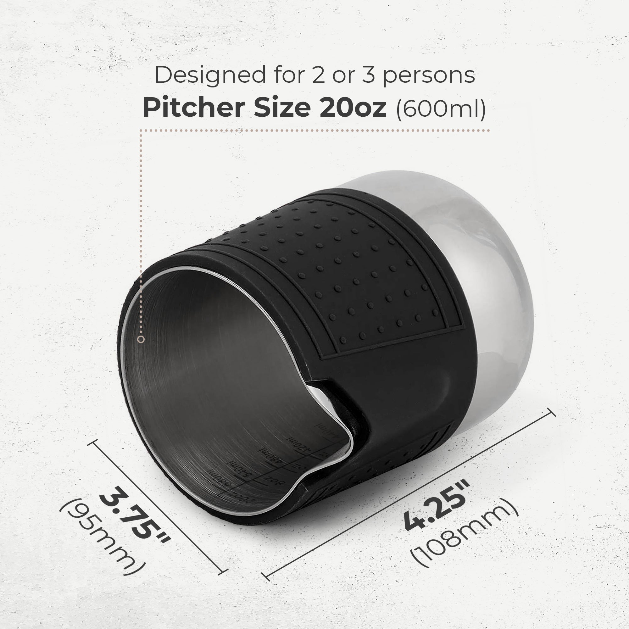 Black and stainless milk frothing pitcher with silicone sleeve and spout view