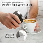 Stainless milk frothing pitcher with black sleeve and pointed pour spout