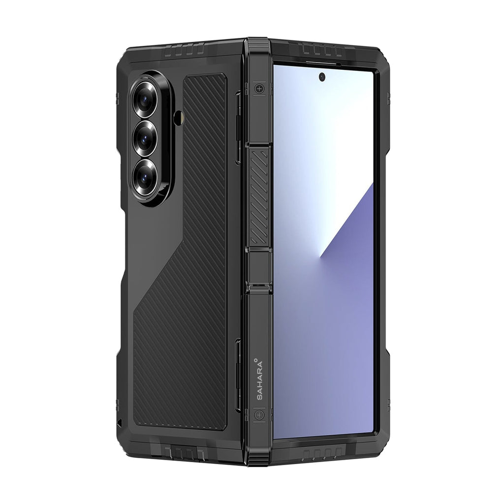 Black heavy-duty phone case with kickstand and screen protector, camera cutouts
