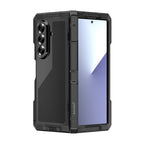 Black heavy-duty phone case with kickstand and screen protector, camera cutouts