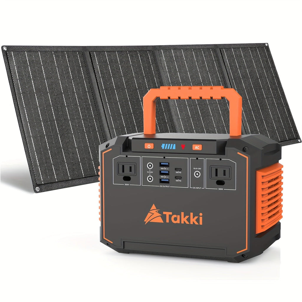 Portable solar generator with unfolded foldable solar panel and outlet panel, Takki logo