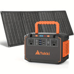 Portable solar generator with unfolded foldable solar panel and outlet panel, Takki logo