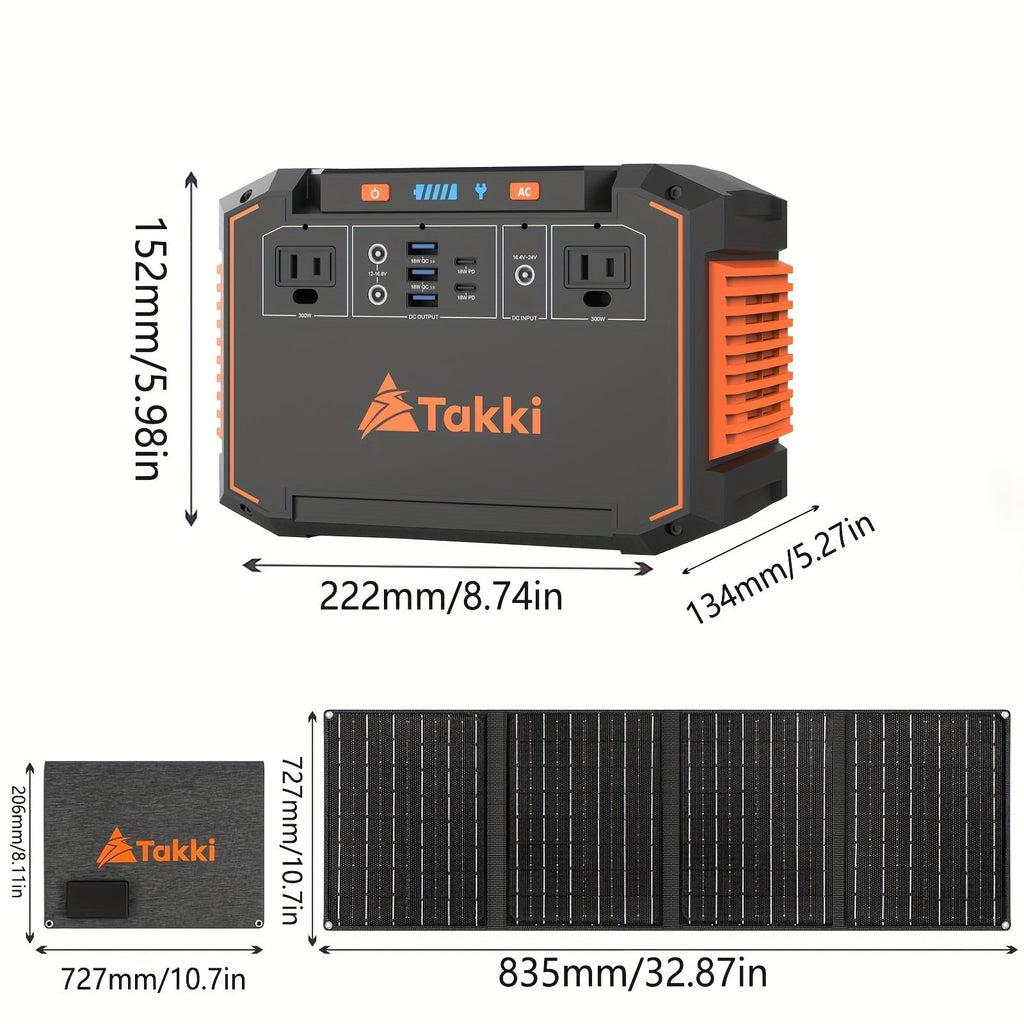 Portable power station and foldable solar panel shown with size measurements, Takki