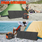 Solar generator in outdoor camping scene with portable power station and foldable solar panel