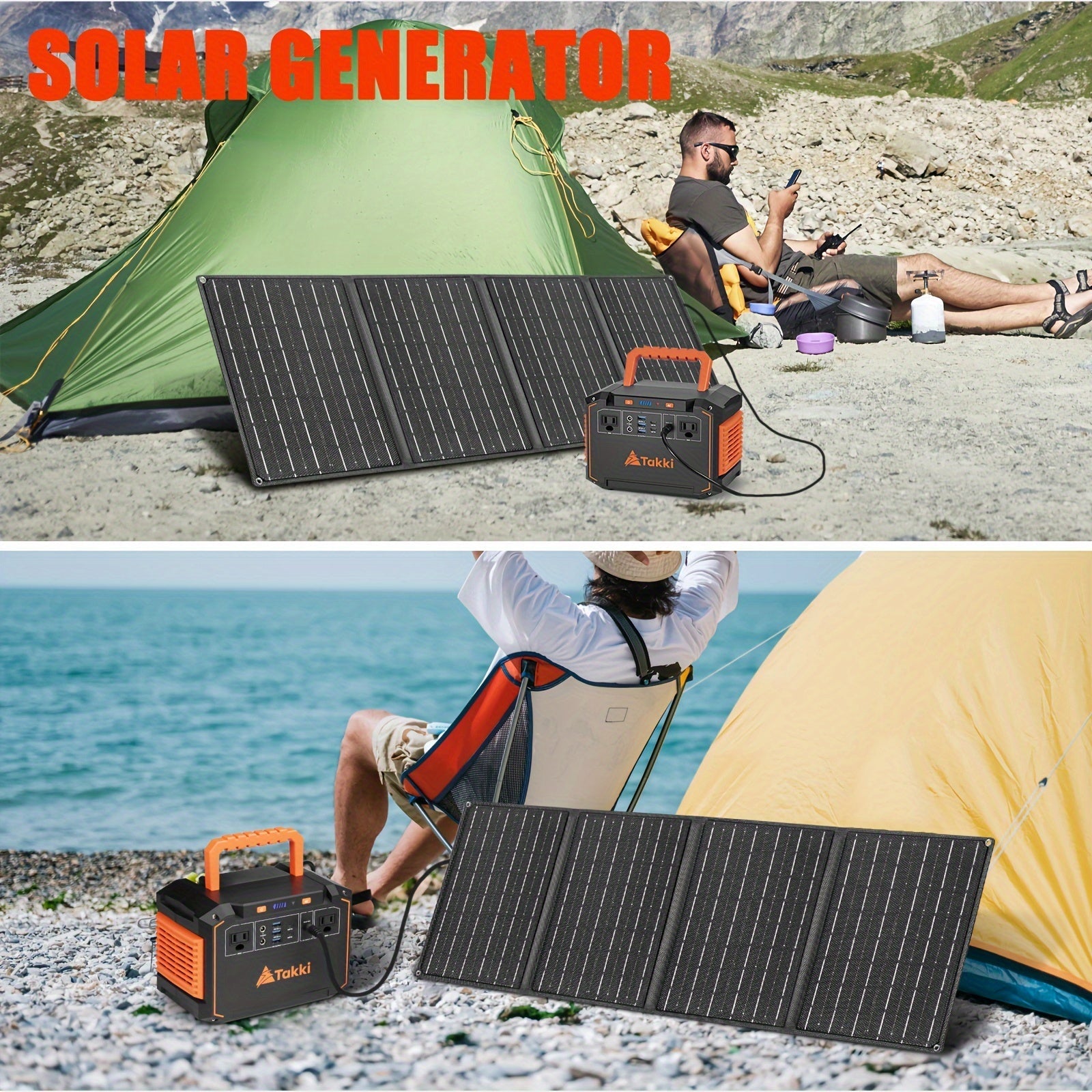 Solar generator in outdoor camping scene with portable power station and foldable solar panel