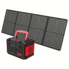 Foldable solar panel and compact portable power station, orange and black with charging ports