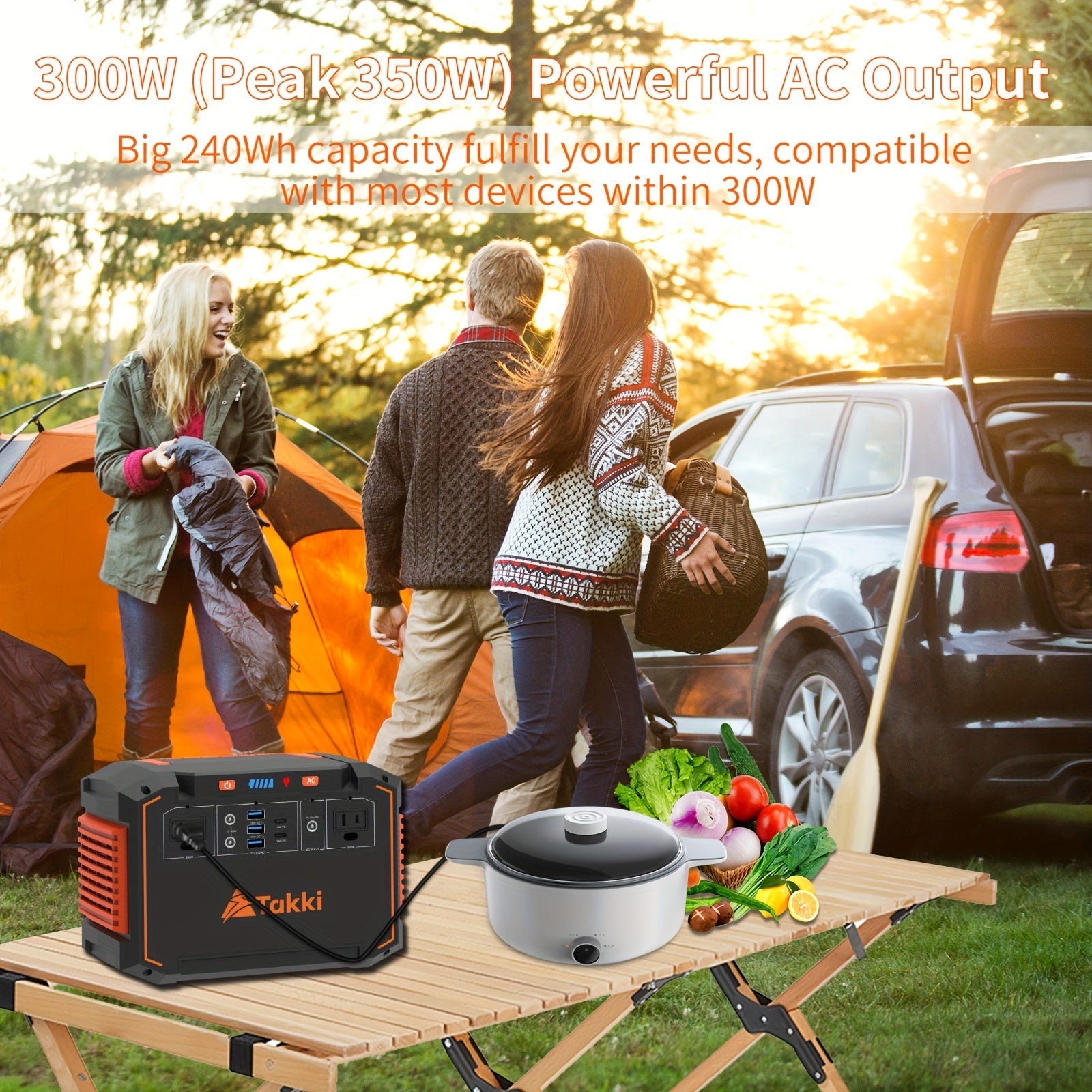 240Wh portable power station with foldable solar panel and AC outlets, orange and black
