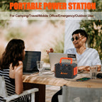 Portable power station on an outdoor table with solar panel, orange and black front outlets