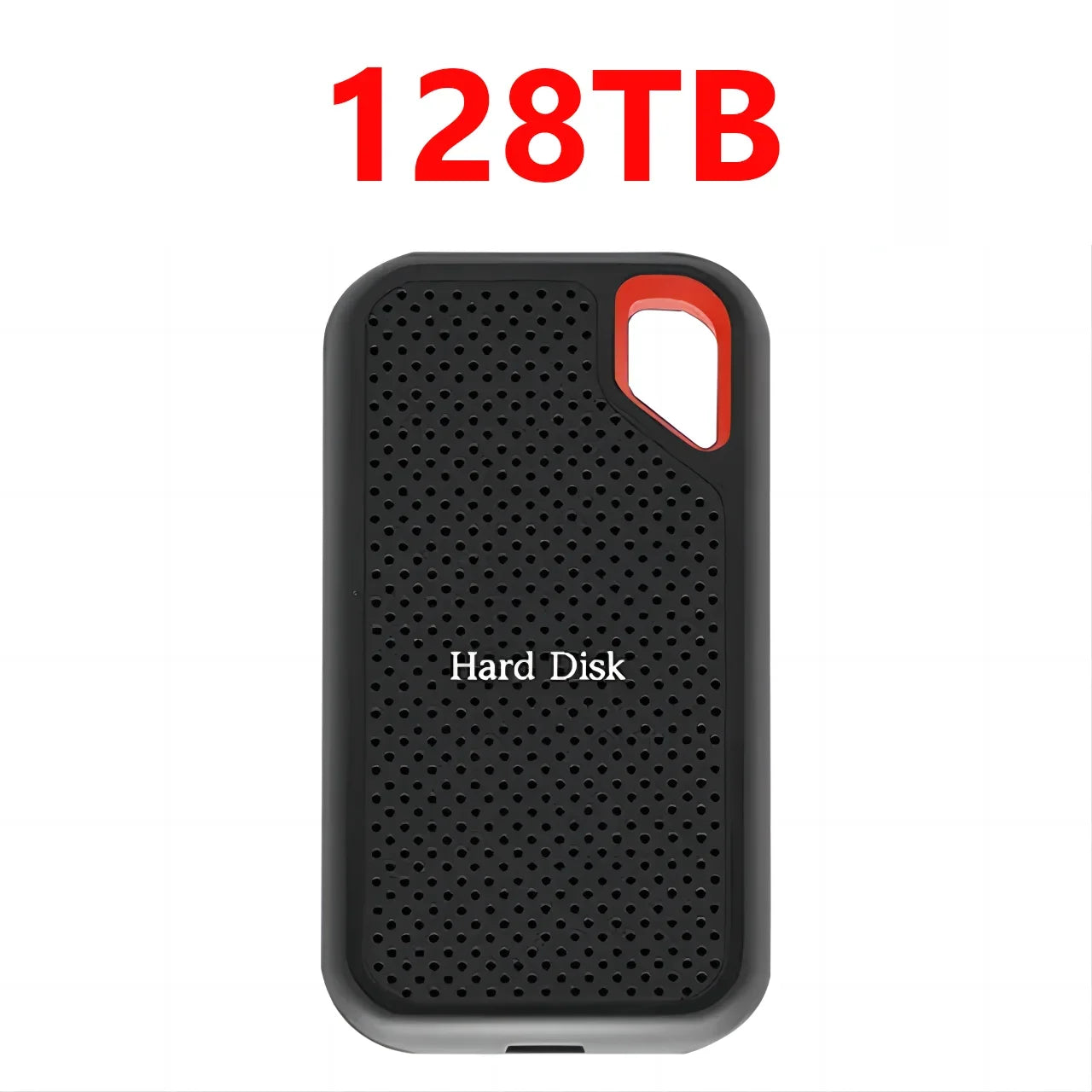 Portable SSD enclosure 128TB, black perforated case with red oval carry handle