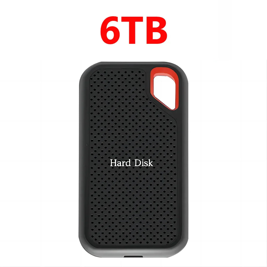 Portable SSD external drive case, black perforated with red handle, 6TB