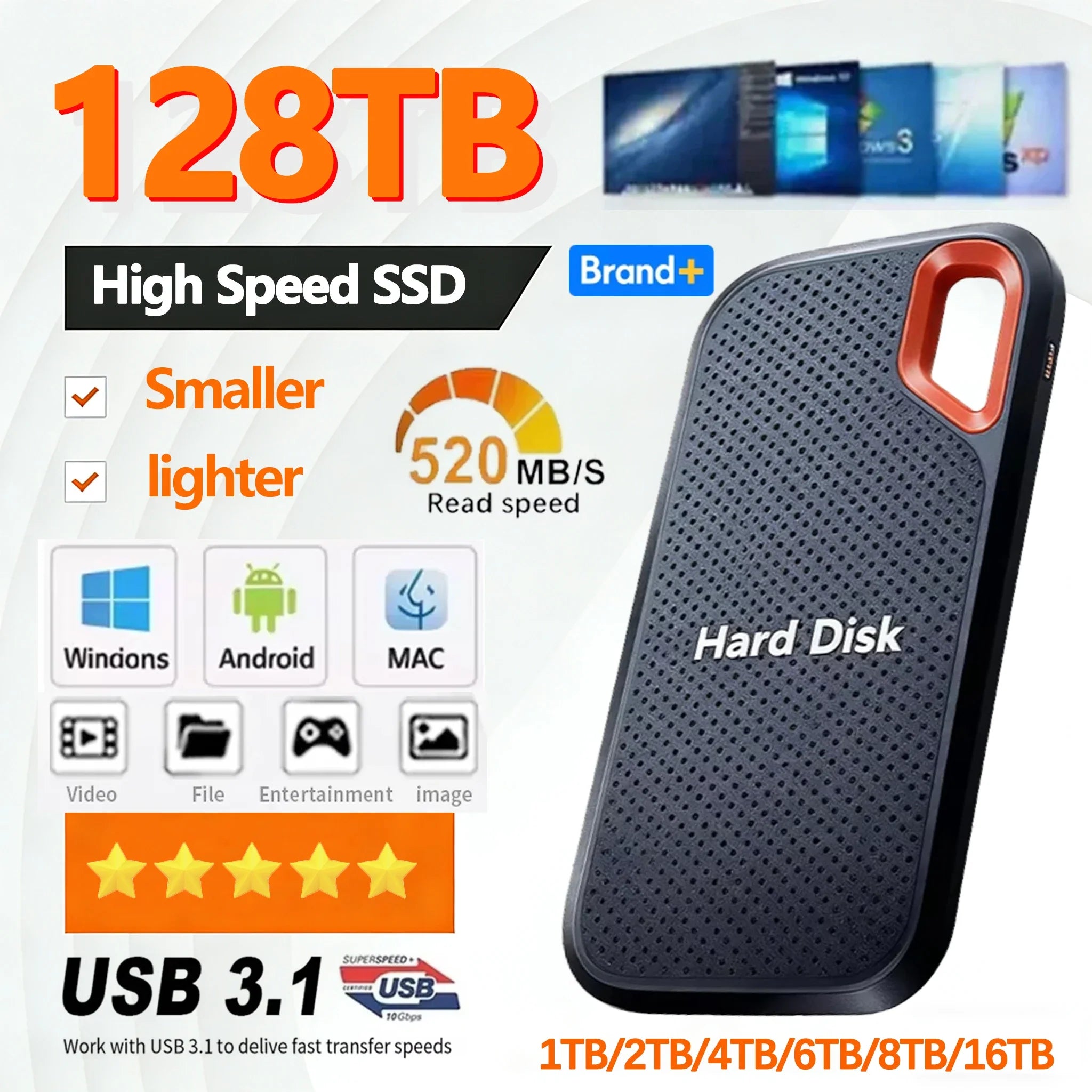 Portable SSD enclosure, black textured case with red oval handle cutout