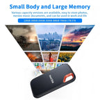 Portable SSD enclosure with black perforated finish and red oval handle