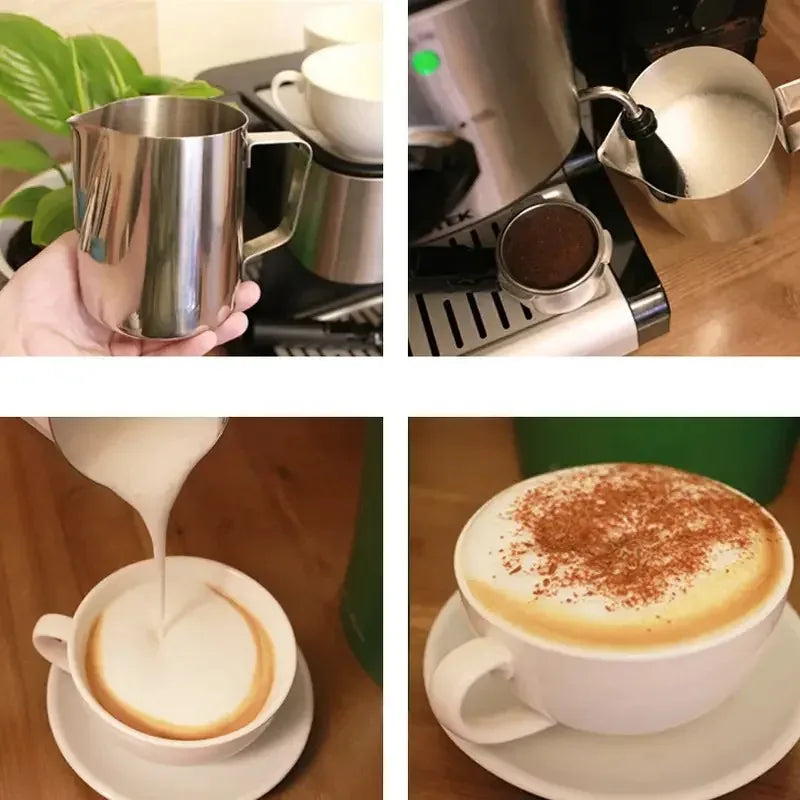 Stainless steel milk frothing pitcher pouring foam, with latte in a white cup