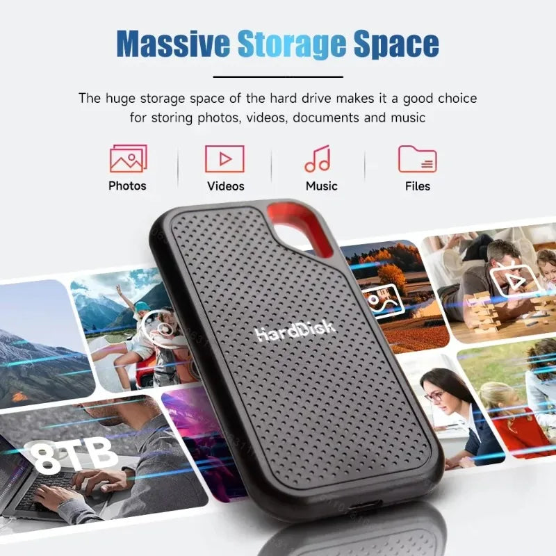 Portable SSD enclosure, black perforated body with red oval handle