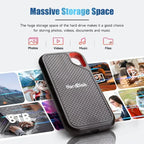 Portable SSD enclosure, black perforated body with red oval handle