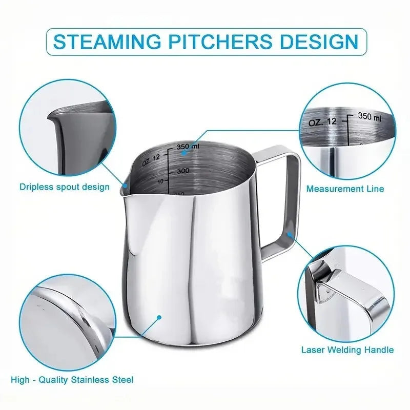 Stainless steel milk frothing pitcher with drip spout and measurement line markings