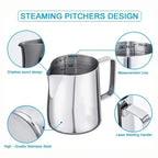 Stainless steel milk frothing pitcher with drip spout and measurement line markings