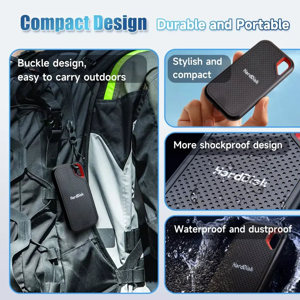 Portable SSD, black perforated drive case with red oval carry handle