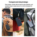 Portable SSD with black rugged silicone case and red oval handle
