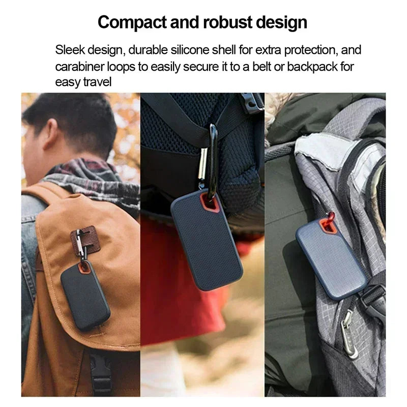 Portable SSD with black rugged silicone case and red oval handle