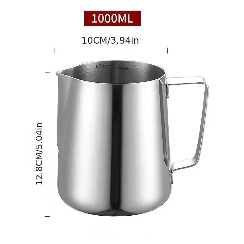 1000 ml stainless steel milk frothing pitcher with handle and internal measurement line