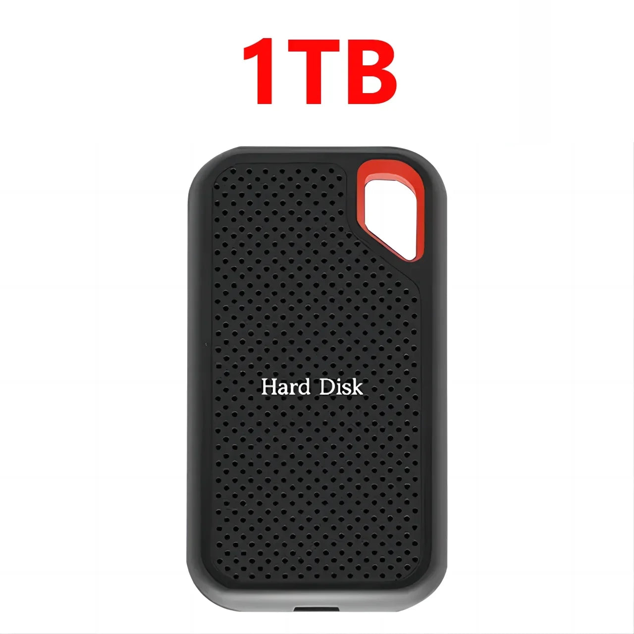 Portable SSD external drive case, black perforated with red handle, 1TB
