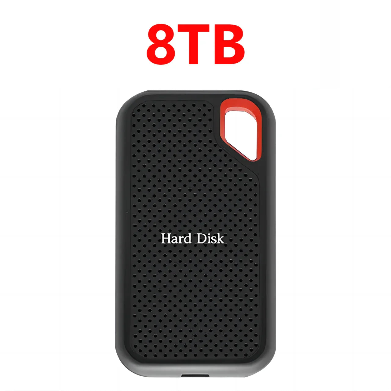 Portable SSD external drive case, black perforated with red handle, 8TB