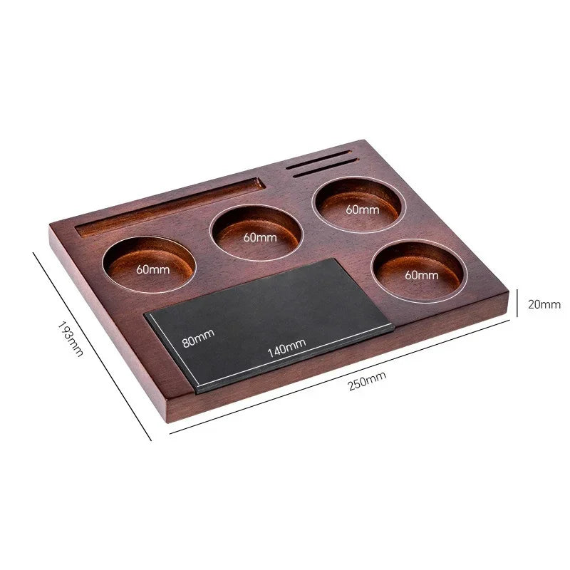 Estación de apisonado de café de madera de 51-58 mm con caja de golpeo Organizador de café para portafiltro, apisonador, distribuidor y pantalla de disco