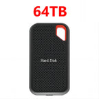 Portable SSD enclosure 64TB, black perforated case with red oval carry handle