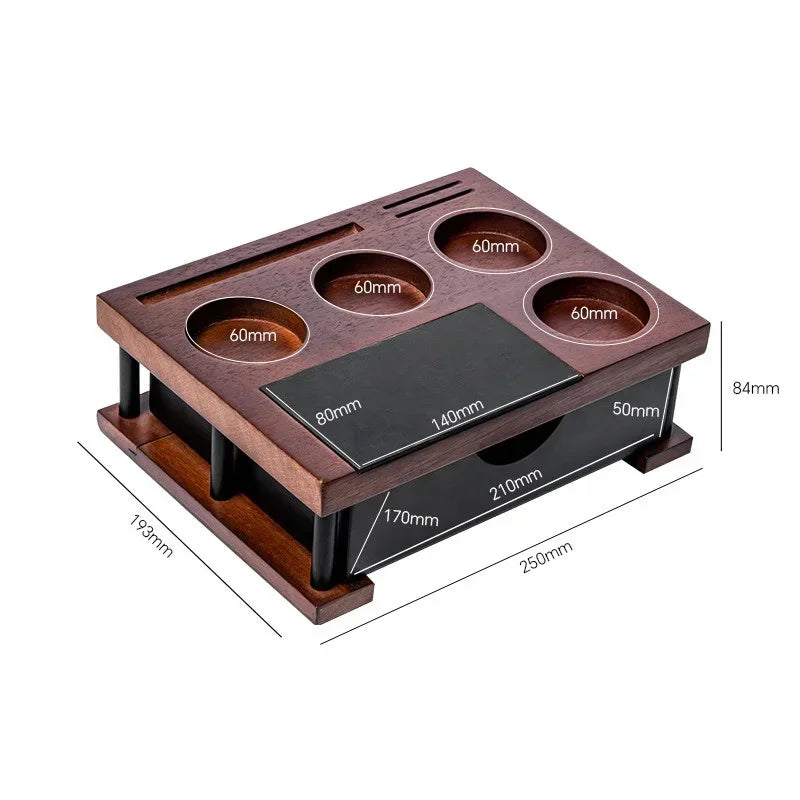 Estación de apisonado de café de madera de 51-58 mm con caja de golpeo Organizador de café para portafiltro, apisonador, distribuidor y pantalla de disco