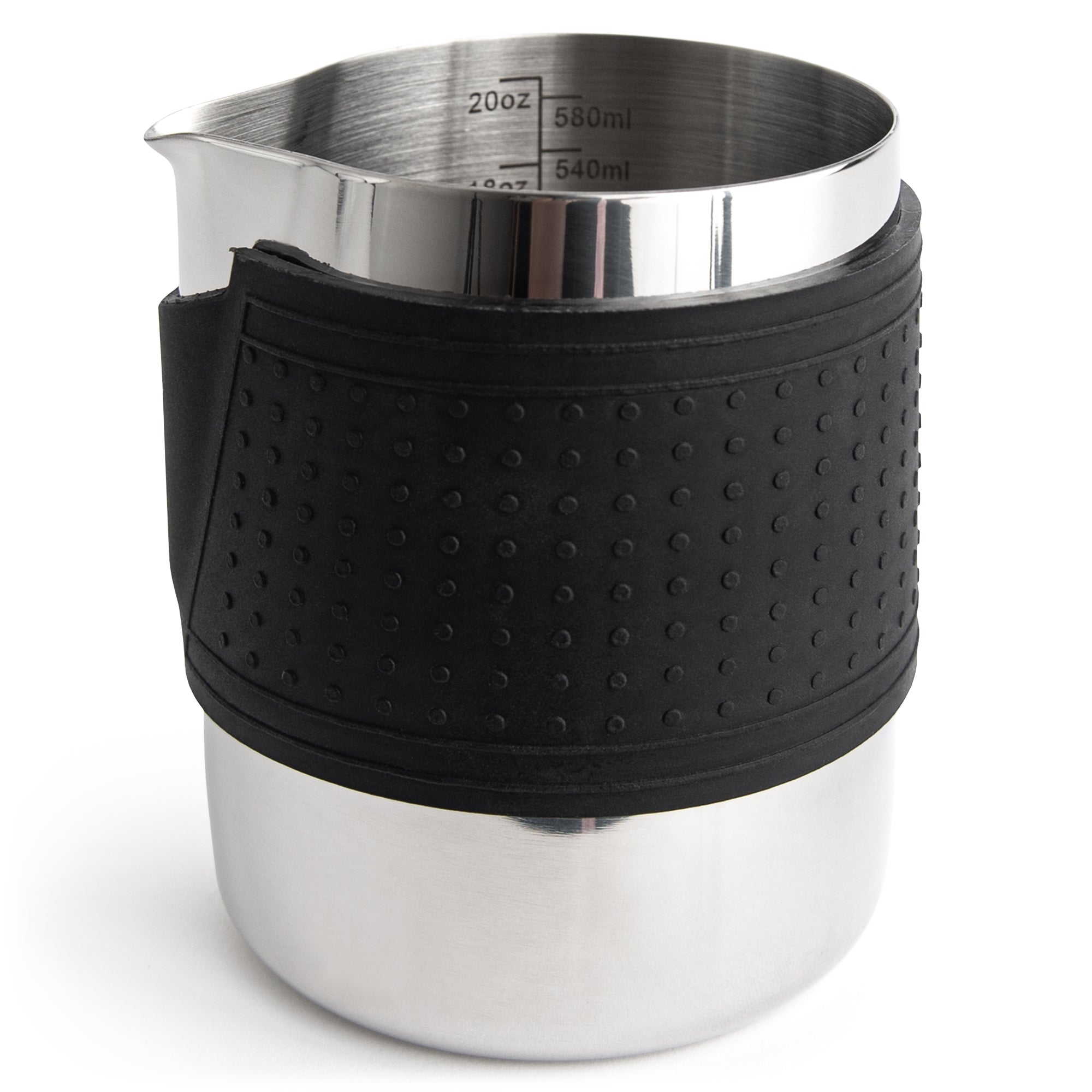 Stainless milk frothing pitcher with black silicone grip and interior measuring marks