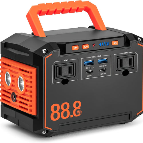 Portable power station with foldable handle, orange fan grille, 88.8Wh output ports panel