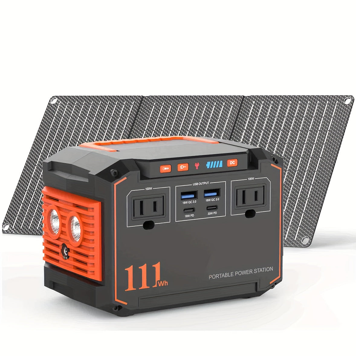 Portable power station with foldable solar panel, orange accents, 111Wh label and ports
