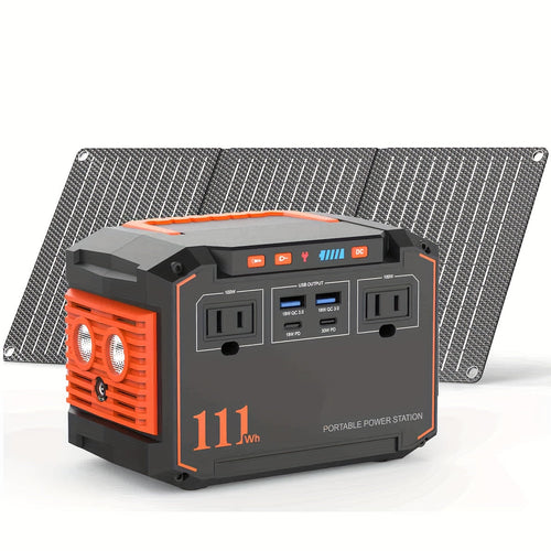 Portable power station with foldable solar panel, orange accents, 111Wh label and ports