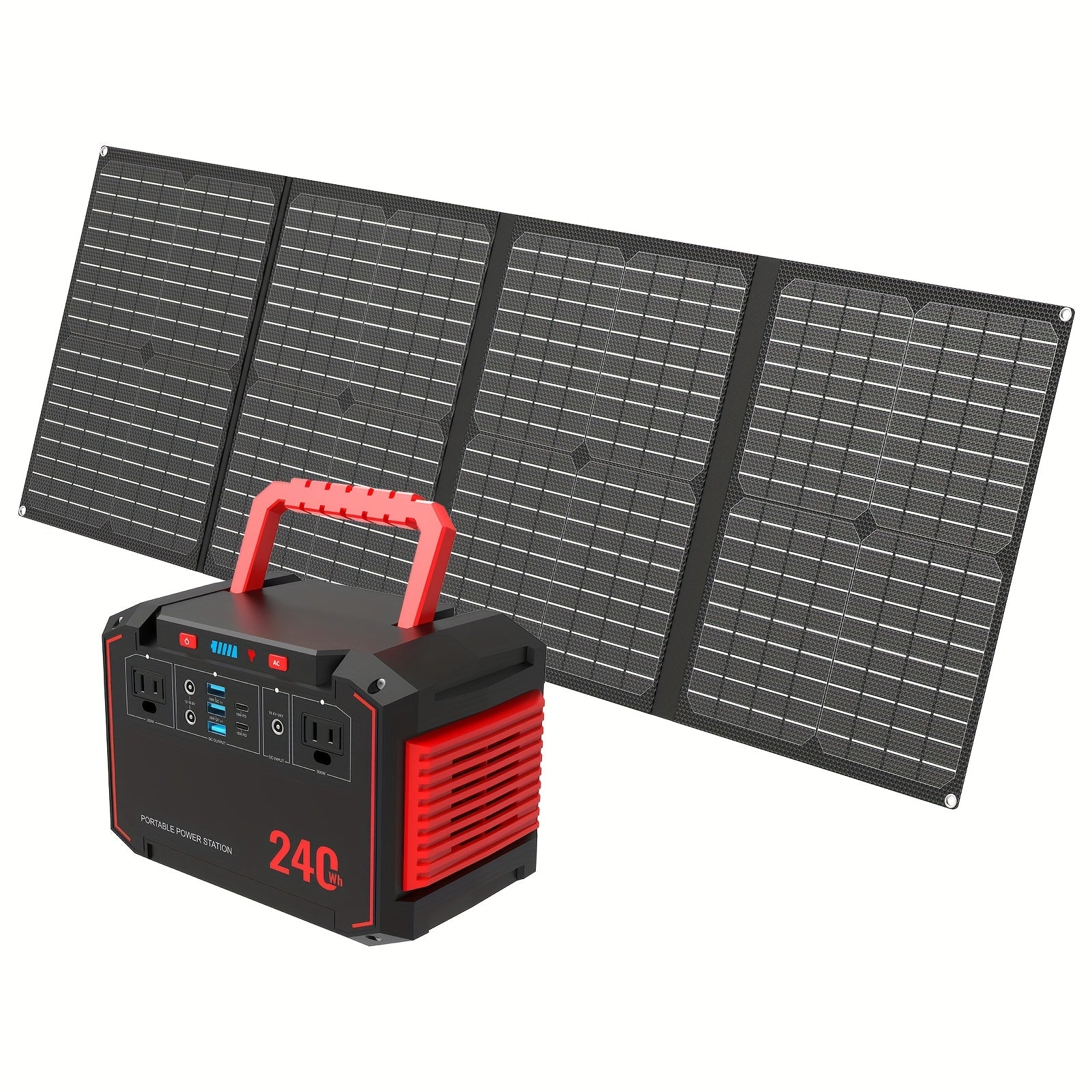 Solar generator with foldable solar panel and orange handle, compact portable power station