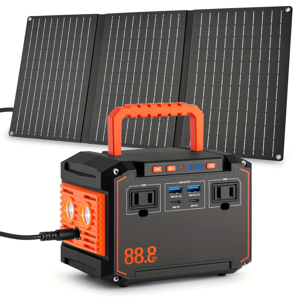 Portable power station with orange handle and foldable solar panel, front outlets and display