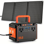 Portable power station with orange handle and foldable solar panel, front outlets and display
