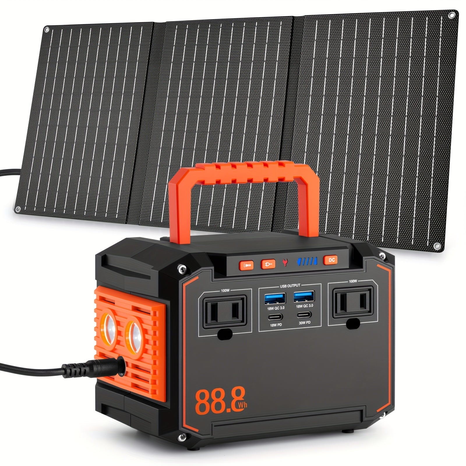 Portable power station with orange handle and foldable solar panel, front outlets and display