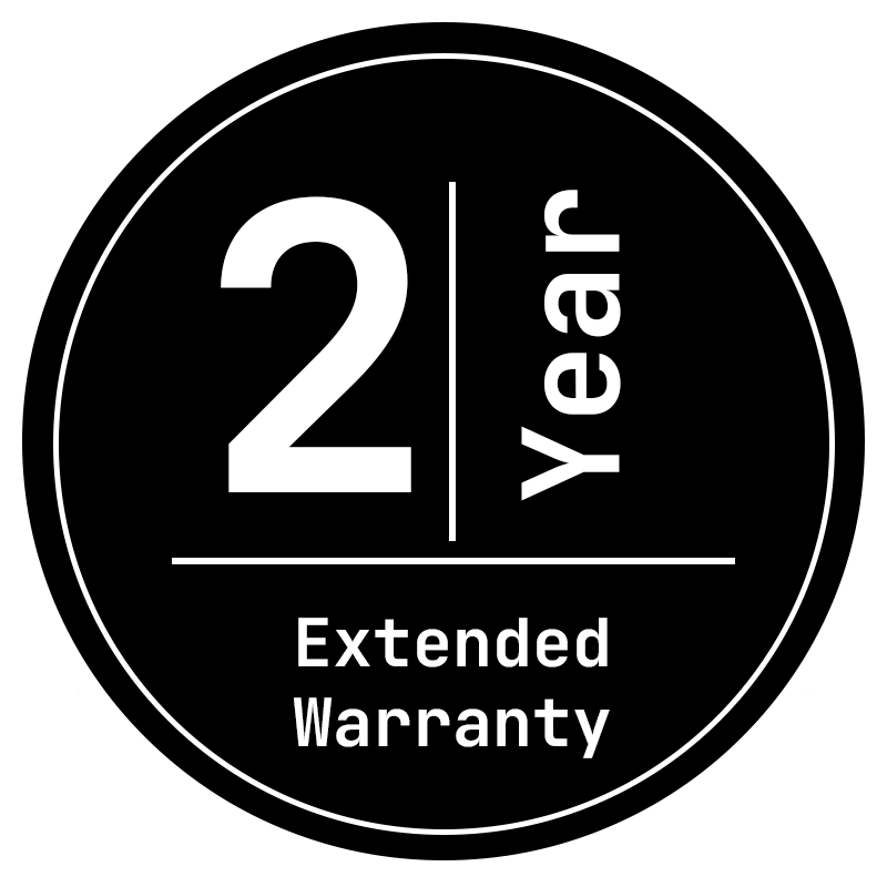 2-Year Extended Warranty badge, black circle with white text and border.