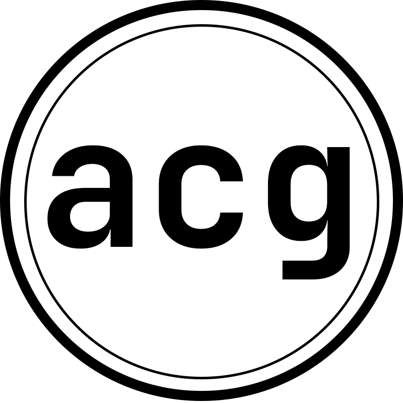 ACG circular logo with white border and bold black letters on dark background.
