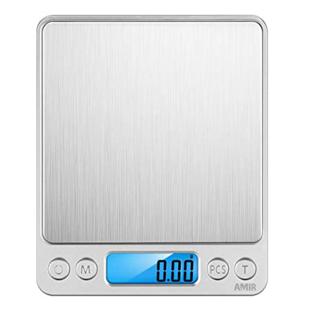 Precision espresso and coffee scale with blue backlit LCD display, buttons visible